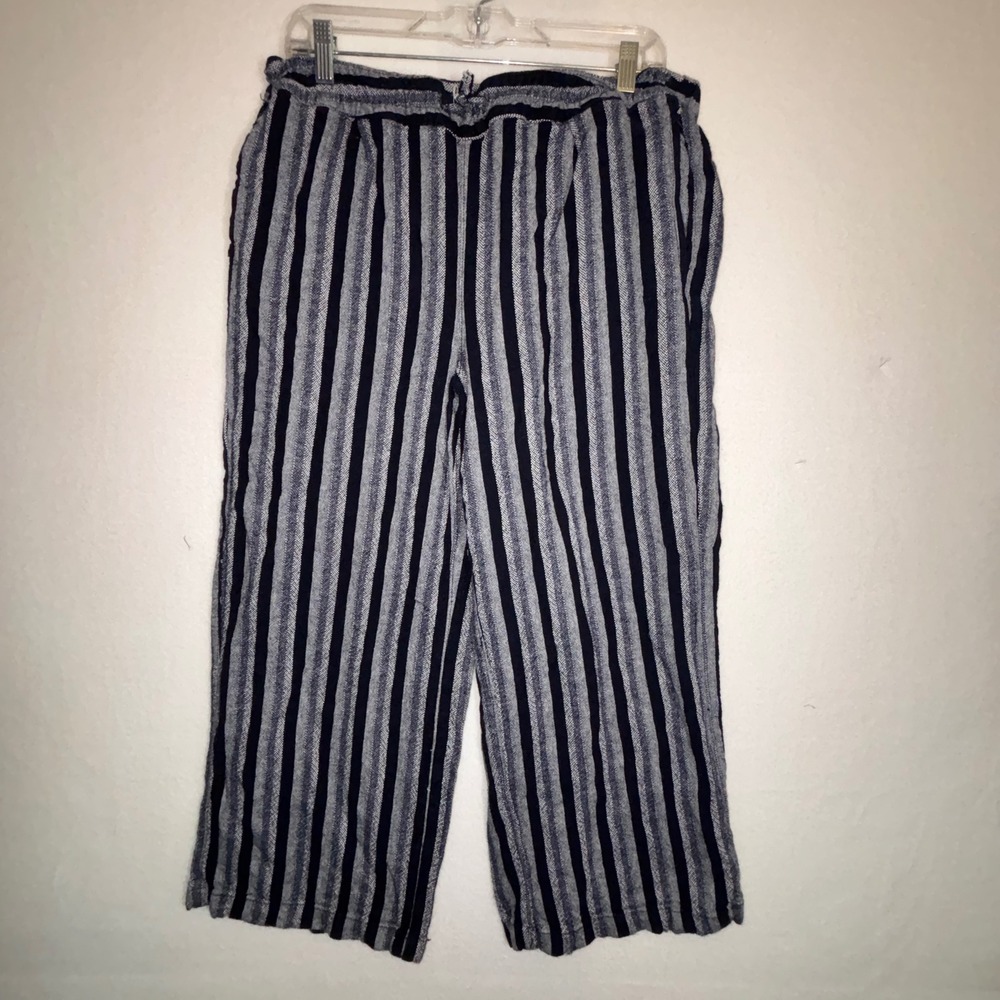 Per‎ Se Linen Striped Elastic Waist Wide Leg Cropped Pants Women large